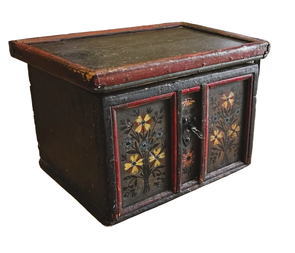Coffret de mariage tyrolien en bois peint polychrome, fin du XVIIIe siècle