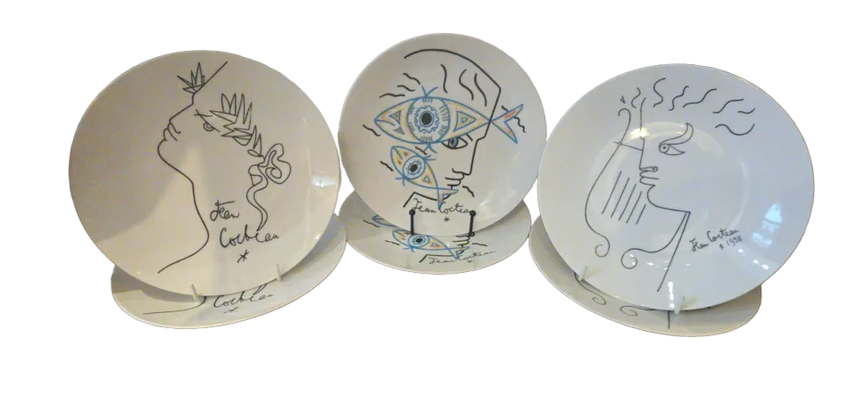 Ensemble de six assiettes en porcelaine d’après Jean Cocteau