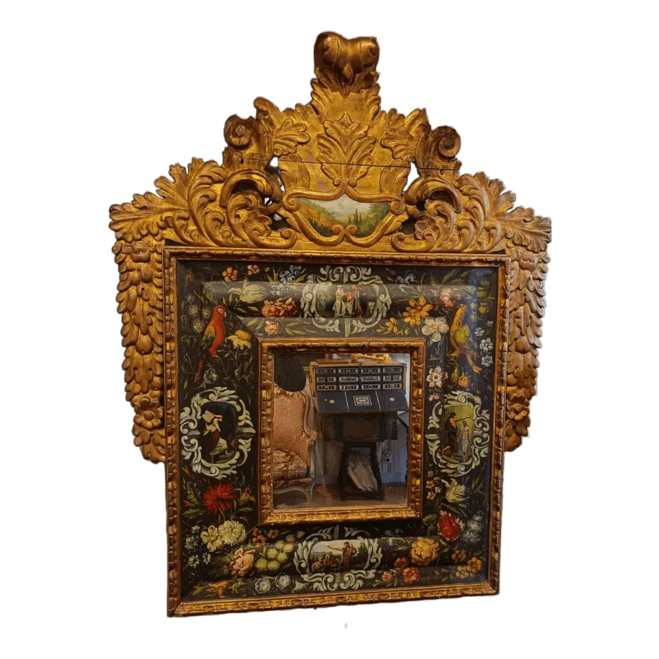 Grand miroir à fronton sculpté et doré, scènes bibliques peintes — Naples, XIXe siècle