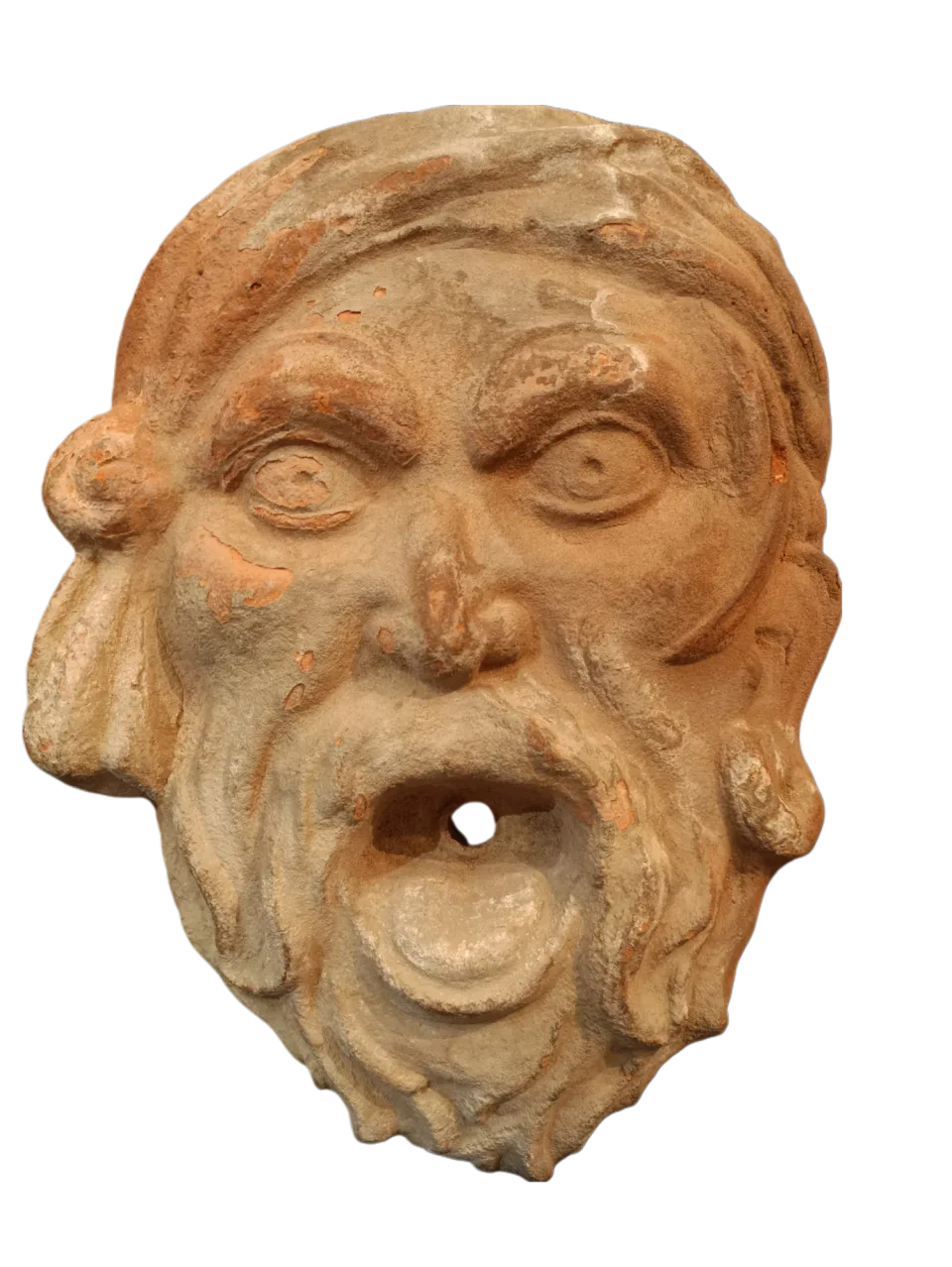 Mascaron de fontaine figurant Silène, terre cuite, XVIIIe siècle