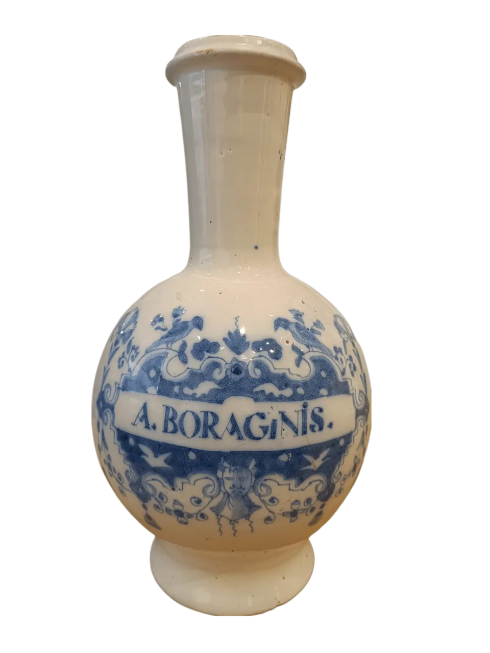 Bouteille à pharmacie de Delft « A. BORAGINIS », fin du XVIIe – début du XVIIIe siècle