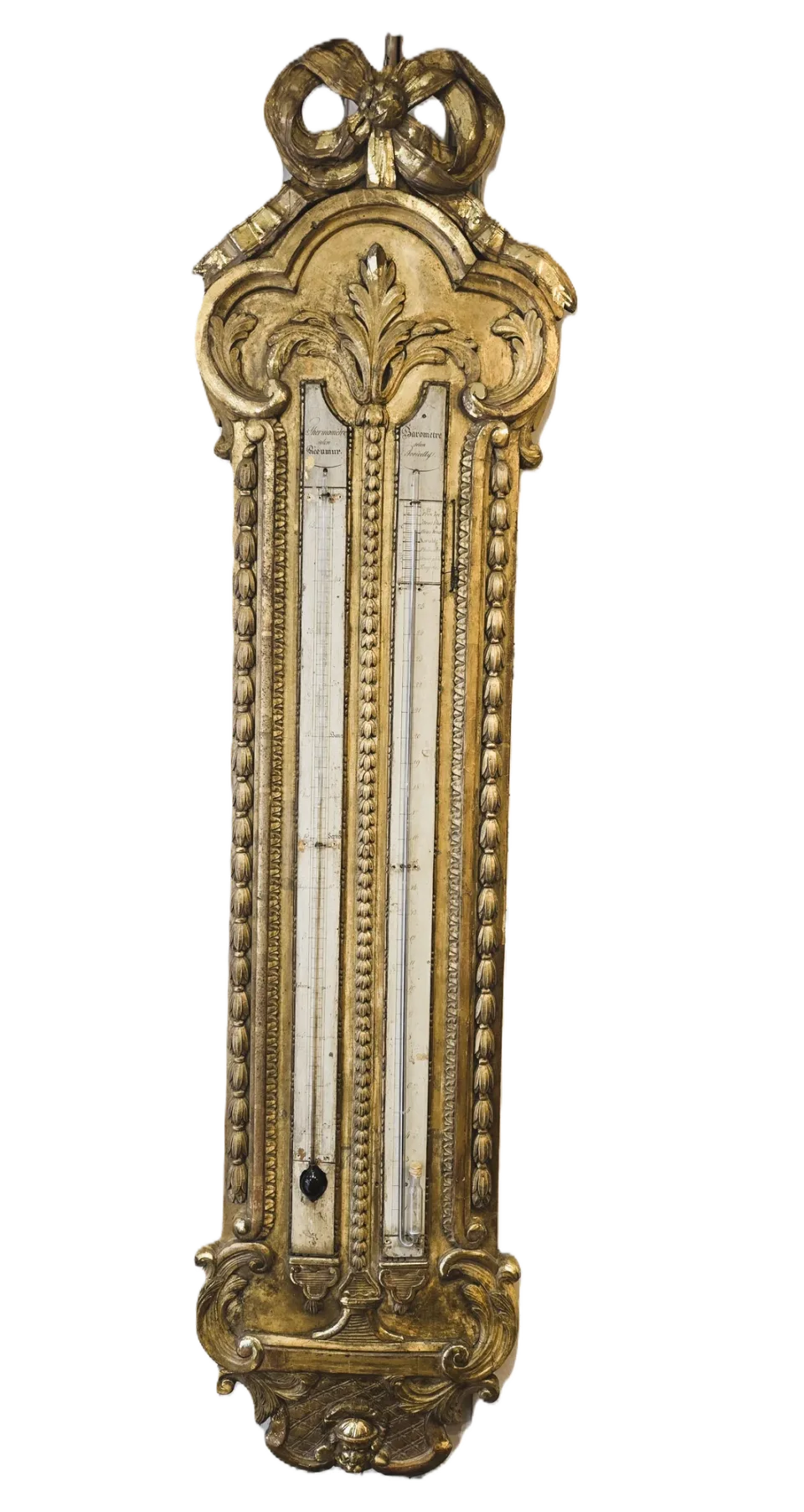 Grand baromètre-thermomètre mural d’époque Louis XVI en bois sculpté et doré