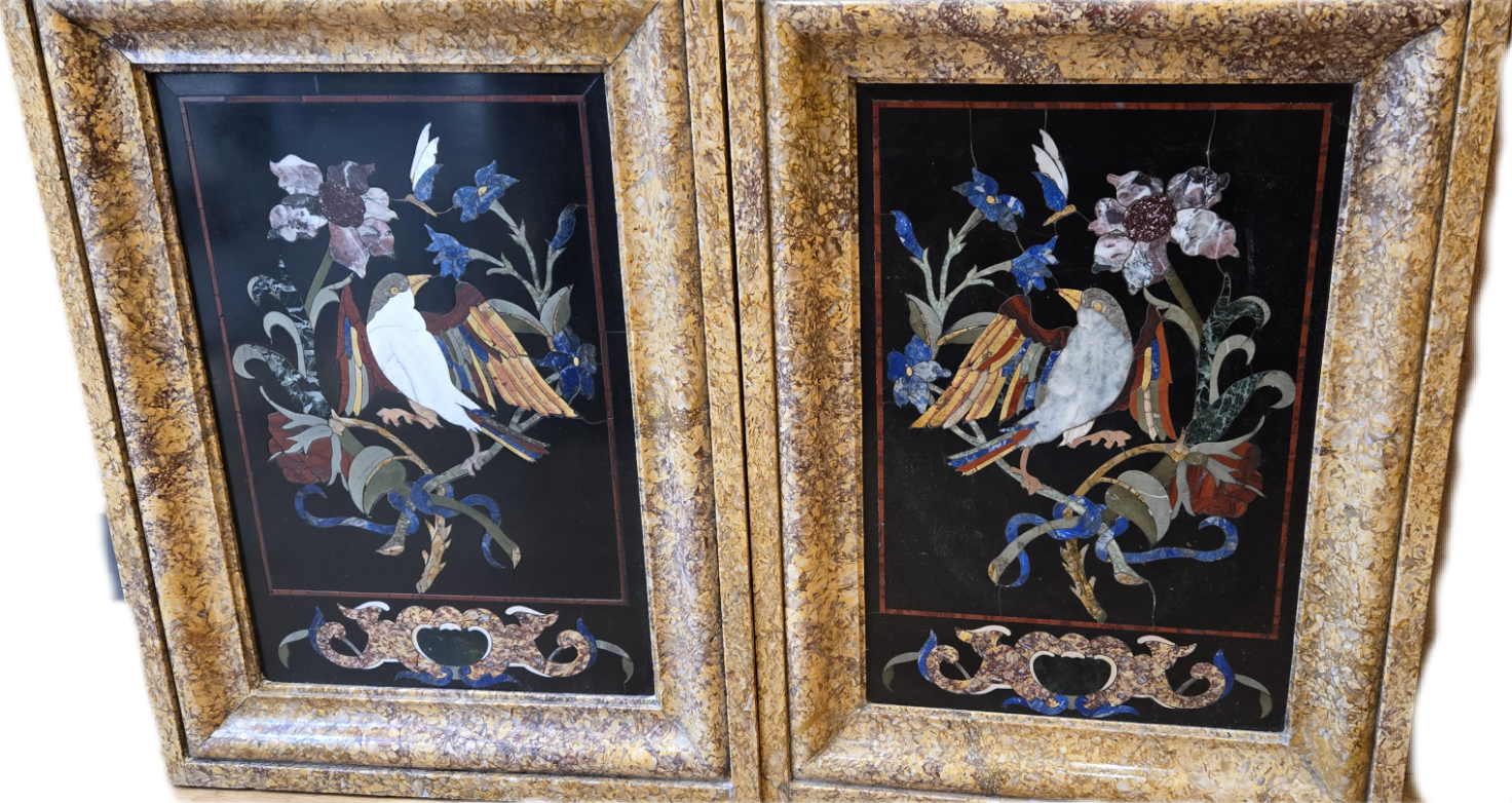 BackgroundEraser 20260122 144425544 2 Grande paire de tableaux en marqueterie de marbre et pierres dures , XIXème siècle.